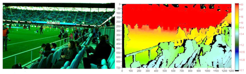 The comparison between an RGB image (left) and a depth map (right) captured by the RealSense depth camera. (Source: Intel®)