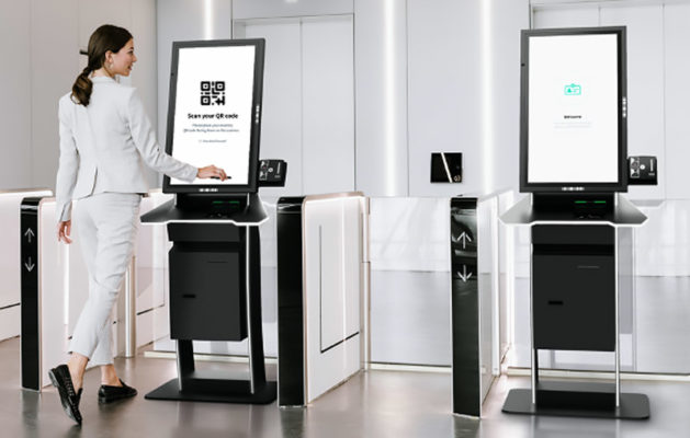 Two standalone kiosks that enable automated visitor check-in.