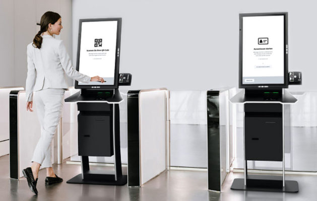 Two standalone kiosks that enable automated visitor check-in. 