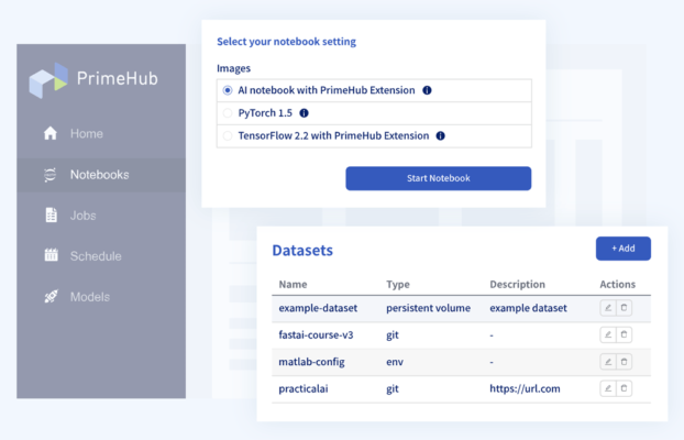 An example of central dashboard screen used to manage models, data sets, and tools