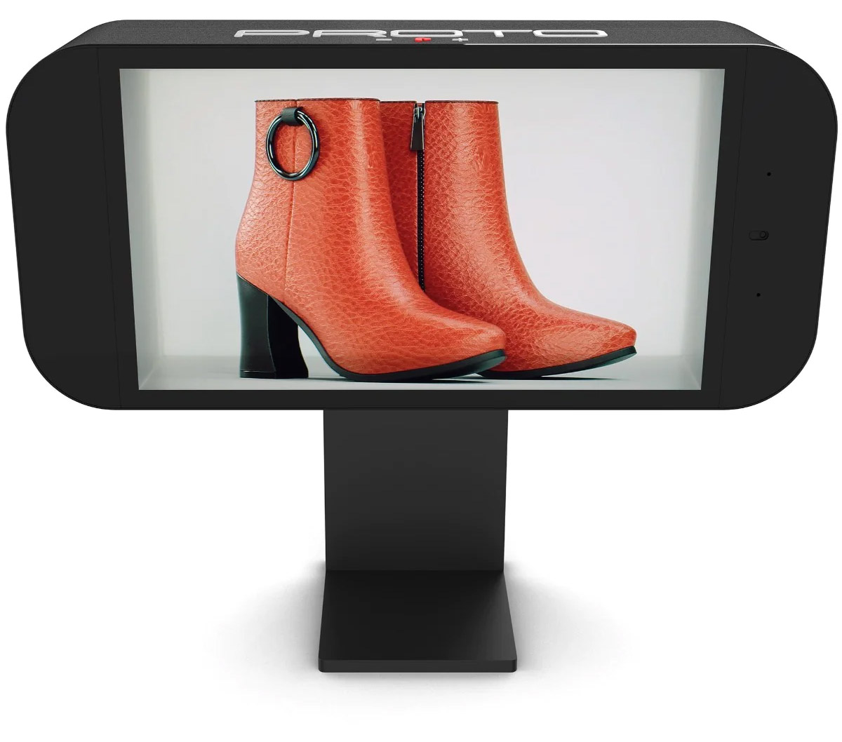 Proto M display with picture of a pair of women's boots.